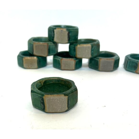 Set Of 8 Handmade Ceramic Napkin Rings Blue-Green Tones Glossy Finish Studio Art - Picture 4 of 8